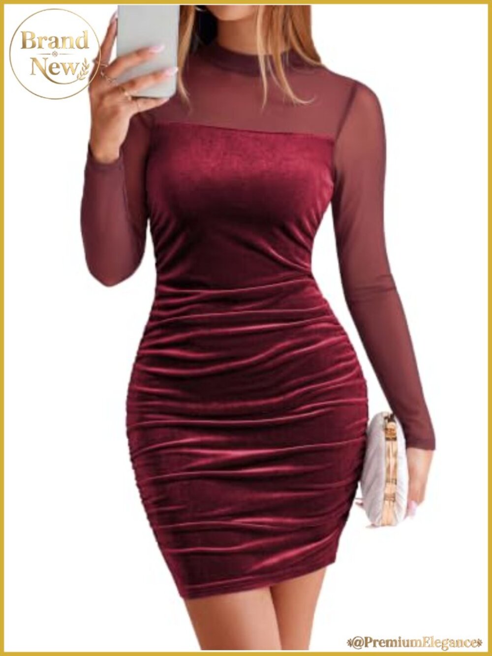 Velvet Mesh Bodycon Mini Dress Mock Neck Long Sleeve Ruched Party